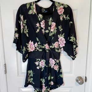 Revolve black satin floral geisha style romper - S
